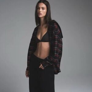 Skims Outdoor Flannel Oversized Shirt with Hood in Merlot Plaid NWT